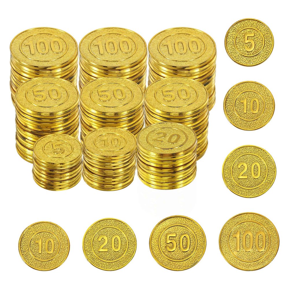 HEARTOOL Plastic Toy Coin, Pattern Gaming Play Coins Set in Mesh Bag Perfect for Entertainment Activities, Tabletop Games (Gold,100Pcs)
