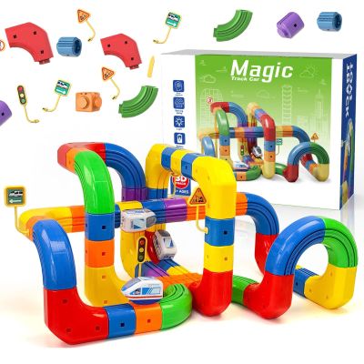 Rail Electric Train Set, 3D Magic Flexible Race Tracks for Kids,DIY Race Car Track Building Kits with Train and Traffic Signs,for 3 4 5 6 7 8 Years Old Boys Girls (123PCS, Over 100PCS)