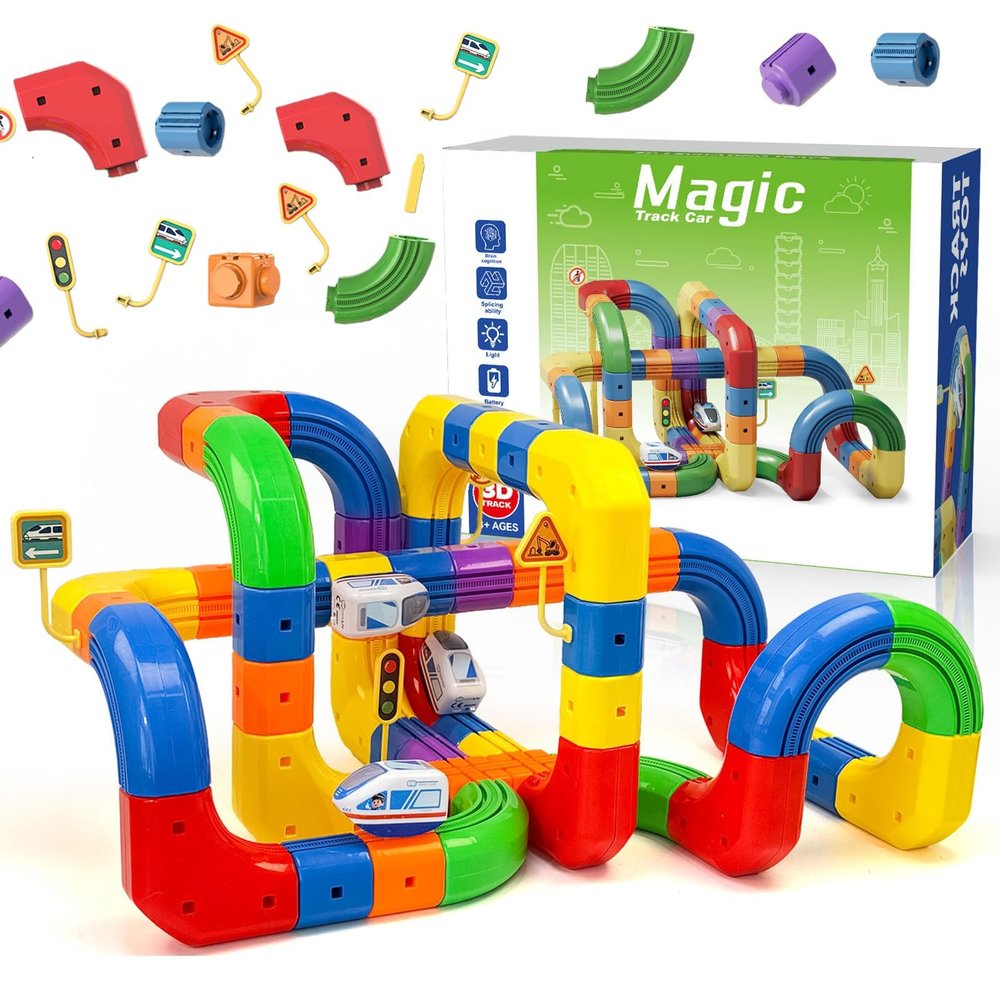 Rail Electric Train Set, 3D Magic Flexible Race Tracks for Kids,DIY Race Car Track Building Kits with Train and Traffic Signs,for 3 4 5 6 7 8 Years Old Boys Girls (123PCS, Over 100PCS)