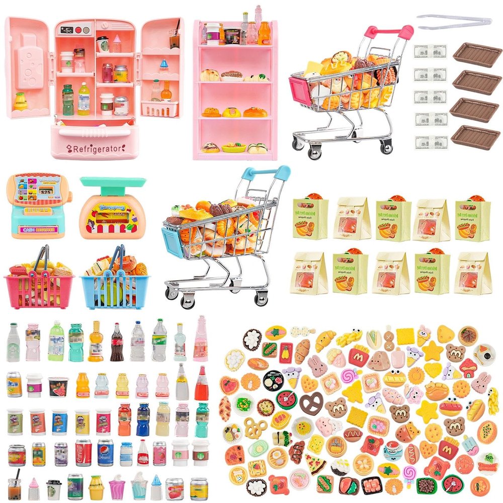 180 Pcs Dollhouse Furniture Miniature Kitchen Accessories Mini Shopping Cart Metal Trolley Basket Food Drink Toy Supermarket Store Grocery Shelves Cash Register Fridge Scale Pretend Play Game Party