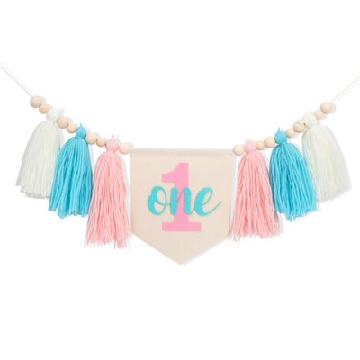 1st Boy High Chair Banner - Blush Pink 1st Girl High Chair Banner,Floral First birthday decor, Wildflower Photo prop,Royal Blue Orange Tassel,First Green Shades Tassel (Blue Pink)
