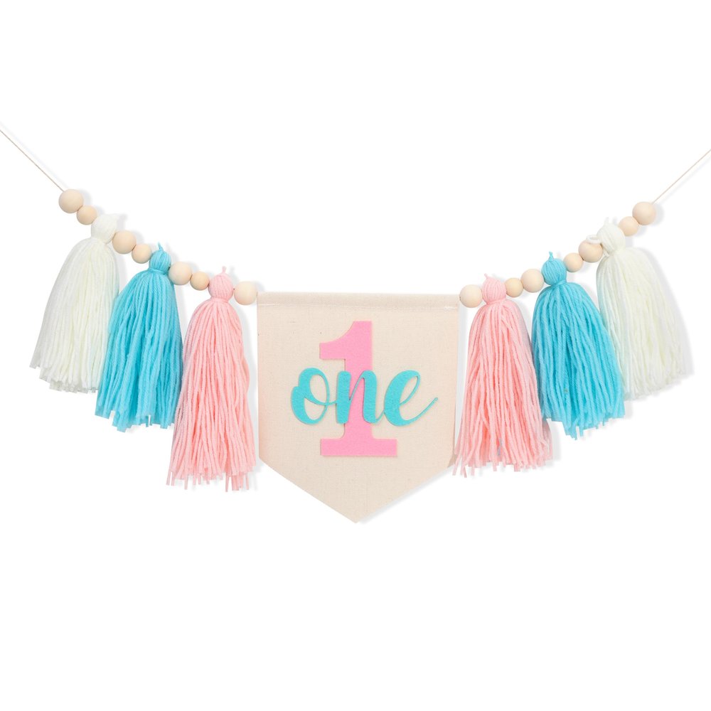 1st Boy High Chair Banner - Blush Pink 1st Girl High Chair Banner,Floral First birthday decor, Wildflower Photo prop,Royal Blue Orange Tassel,First Green Shades Tassel (Blue Pink)