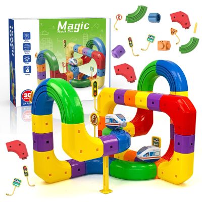 Rail Electric Train Set, 3D Magic Flexible Race Tracks for Kids,DIY Race Car Track Building Kits with Train and Traffic Signs,for 3 4 5 6 7 8 Years Old Boys Girls (81PCS, 70-90PCS)
