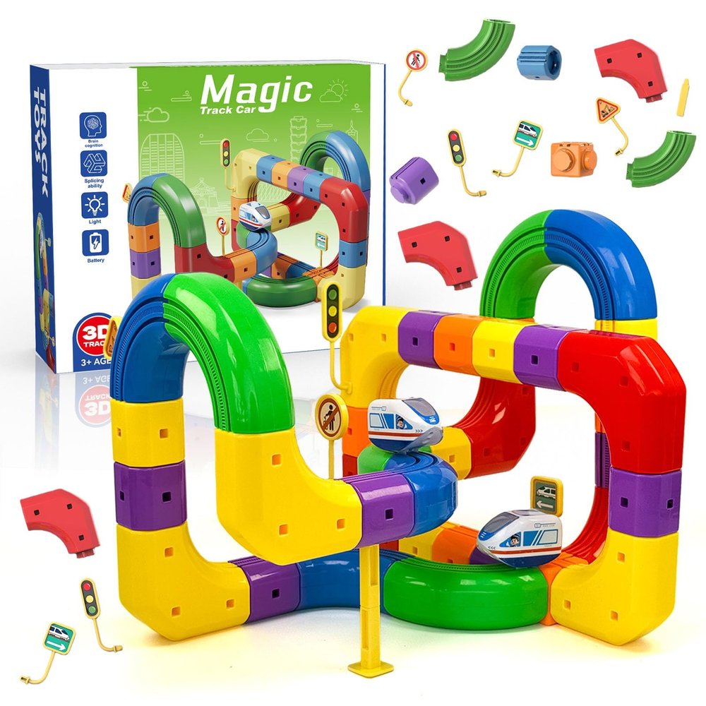 Rail Electric Train Set, 3D Magic Flexible Race Tracks for Kids,DIY Race Car Track Building Kits with Train and Traffic Signs,for 3 4 5 6 7 8 Years Old Boys Girls (81PCS, 70-90PCS)
