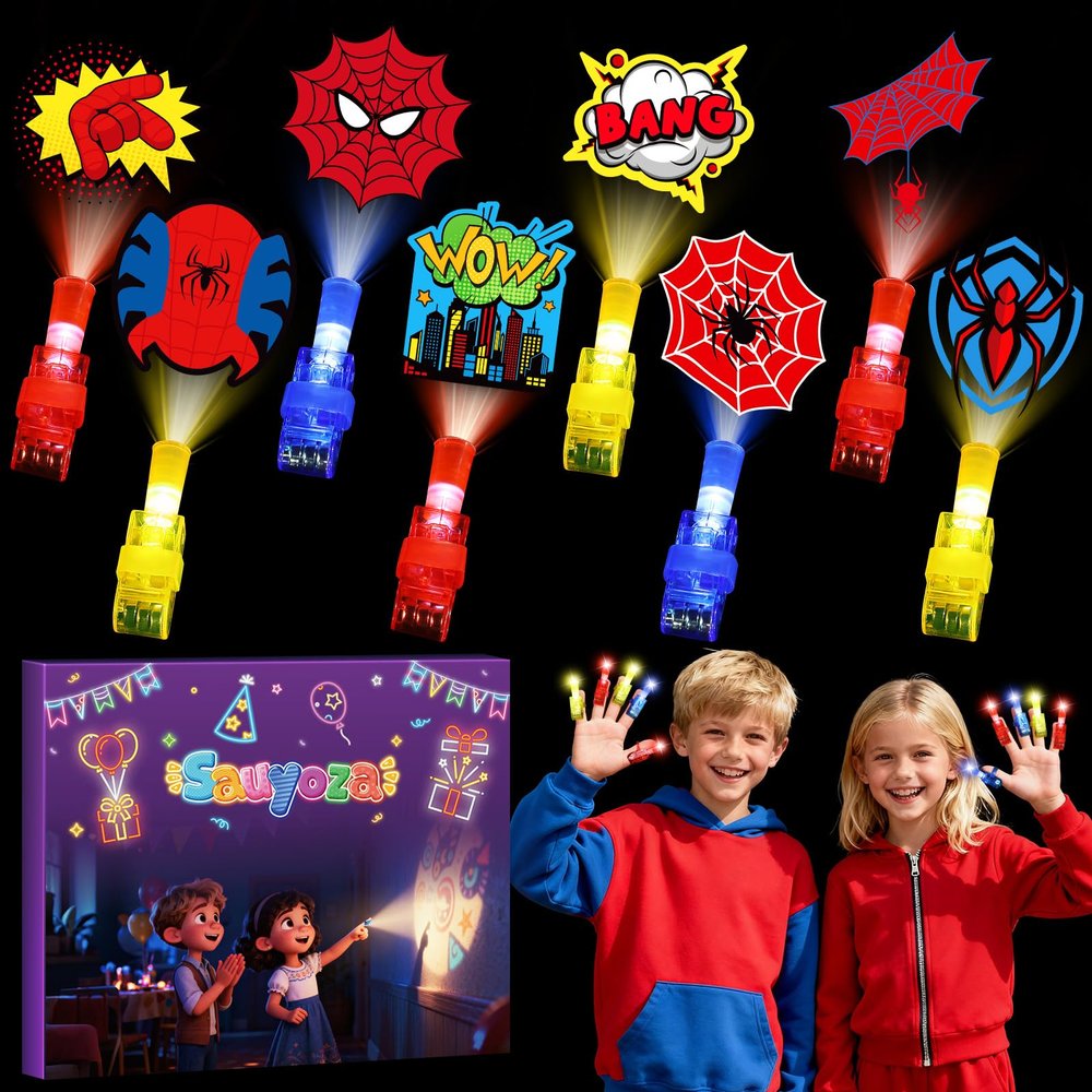 Sauyoza 36 Pcs Spider Themed Party Favors LED Finger Lights for Kids, Superhero Glow in the Dark Party Supplies, Goodie Bag Stuffers Classroom Treasure Box Prizes for Boys Girls