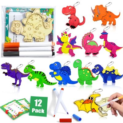 12 Pack Dinosaur Party Favors, Wooden Painting Kit Art and Crafts for Kids Dino Painting Toys Birthday Party Rerturn Gifts Goodie Bag Filler Pinata Stuffer Classroom Prizes Wood Keychain Paintable Kit