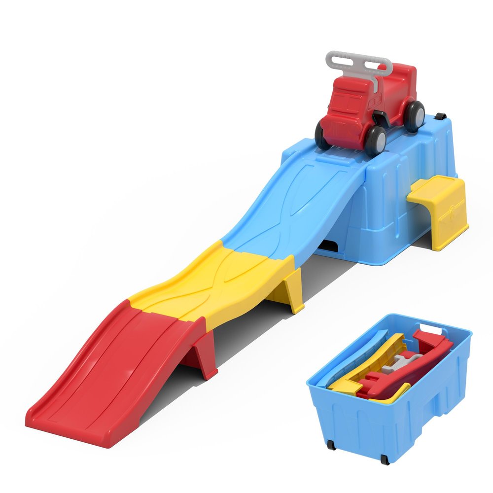 HAPPYMATY Up & Down Roller CoasterKids Ride On ToyToddler Push Car with Assembled Race Track & Storage Base Box, Indoor Outdoor Playset