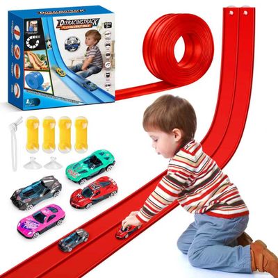 15Ft Flexible Race Car Track for Kids with Suction Cups Compatible with Hot Wheels and Diecast 1/64th Cars for Ages 3 & Up Blue Gray Orange Red Classic Long Rolls Up Portable Racetrack (Red)