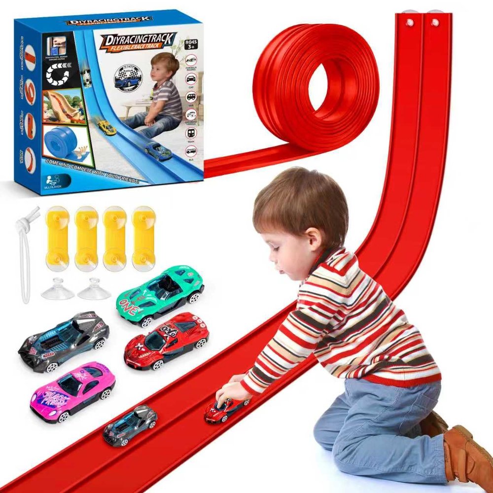15Ft Flexible Race Car Track for Kids with Suction Cups Compatible with Hot Wheels and Diecast 1/64th Cars for Ages 3 & Up Blue Gray Orange Red Classic Long Rolls Up Portable Racetrack (Red)