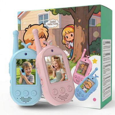Video Walkie Talkies for Kids, Headband Emoji Function, 4 Voice Changing Switches, Hanging Rope Top-C Charging, Video Walkie Talkies (Blue+Pink, Suitable for Children Over 4 Years Old)