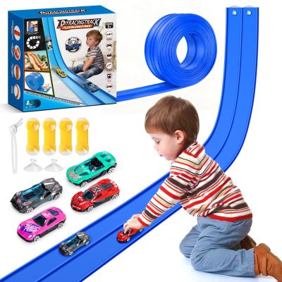 15Ft Flexible Race Car Track for Kids with Suction Cups Compatible with Hot Wheels and Diecast 1/64th Cars for Ages 3 & Up Blue Gray Orange Red Classic Long Rolls Up Portable Racetrack (Blue)