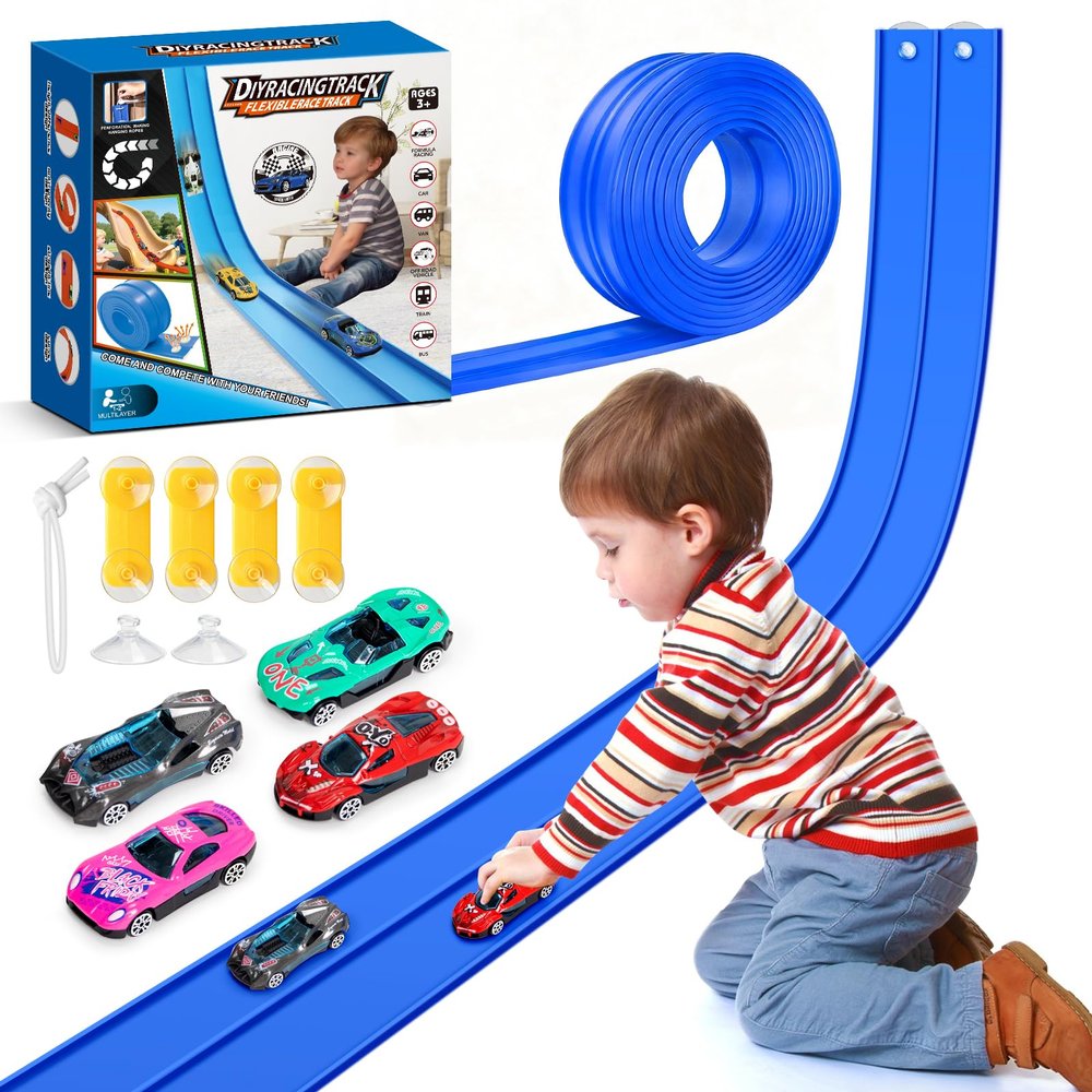 15Ft Flexible Race Car Track for Kids with Suction Cups Compatible with Hot Wheels and Diecast 1/64th Cars for Ages 3 & Up Blue Gray Orange Red Classic Long Rolls Up Portable Racetrack (Blue)