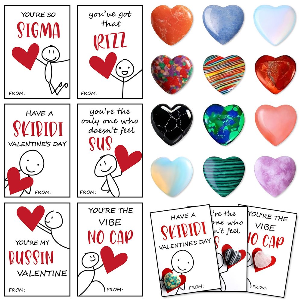 24Set Gemstone Rock Valentines DIY Cards for Kids Gem Valentine Cards Valentines Day Gifts for Kids Heart Shape Crystals Slang Funny Greeting Exchange Gifts for Boys Girls School Class Party Favor