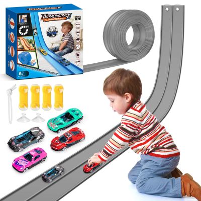 15Ft Flexible Race Car Track for Kids with Suction Cups Compatible with Hot Wheels and Diecast 1/64th Cars for Ages 3 & Up Blue Gray Orange Red Classic Long Rolls Up Portable Racetrack (Gray)