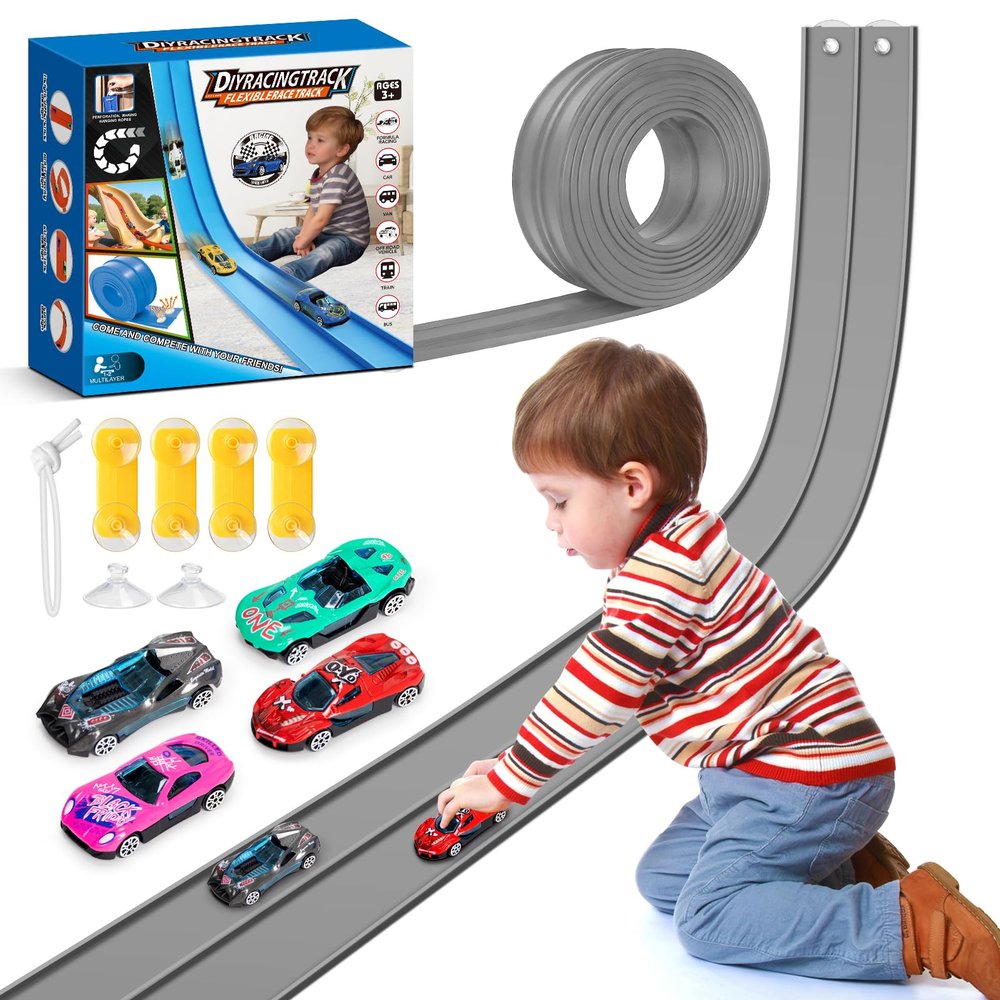 15Ft Flexible Race Car Track for Kids with Suction Cups Compatible with Hot Wheels and Diecast 1/64th Cars for Ages 3 & Up Blue Gray Orange Red Classic Long Rolls Up Portable Racetrack (Gray)