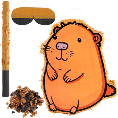 15 x 12 x 2.8 Inch Capybara Pinata Set with Cute Capybara Animal Pinata Stick Blindfold Confetti for Birthday Animal Party Game Supplies Favors