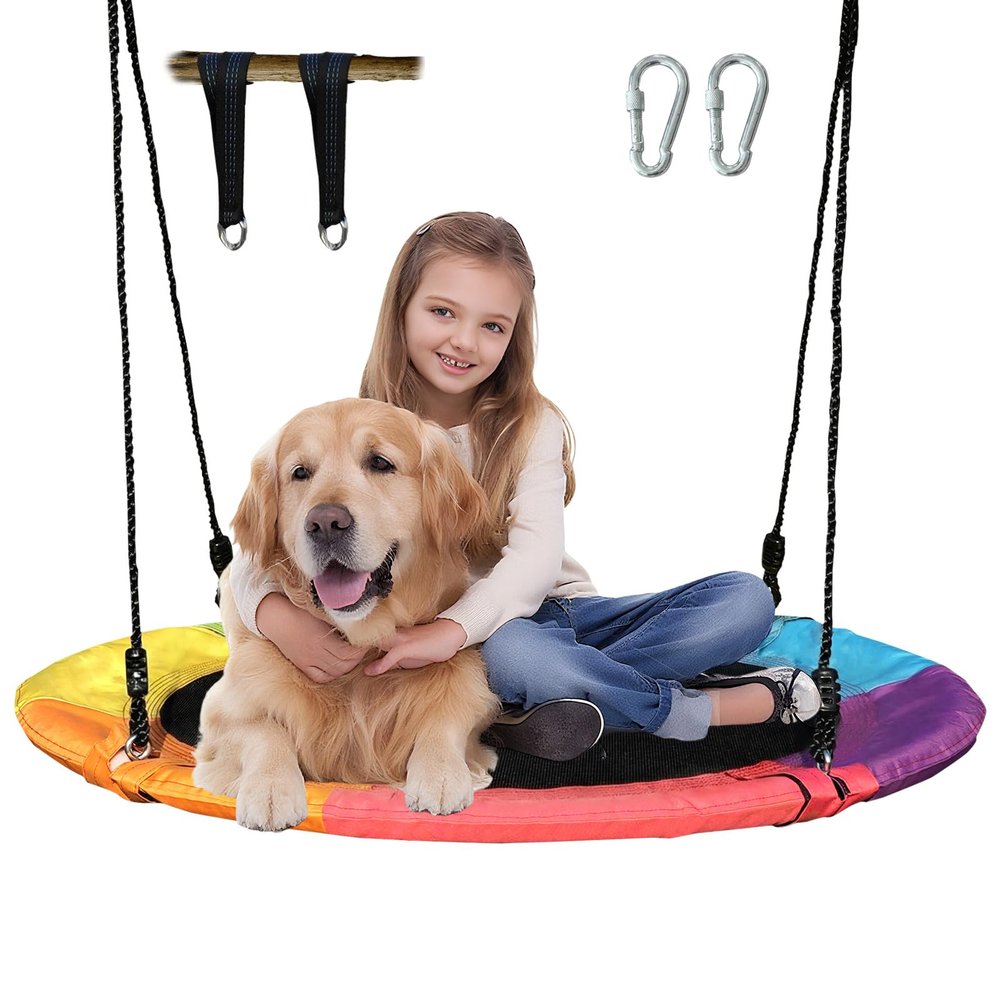 40 Inch Saucer Tree Swing for Kids & Adults  Large Round Disc Swing, 700 lb Weight Capacity with Hanging Straps & Adjustable Ropes for Playground, Backyard & Swingset (Rainbow)