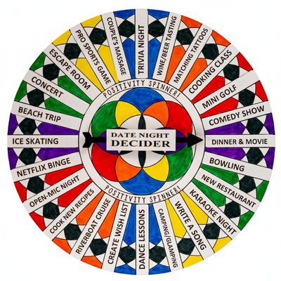 All Positive Products Date Night Decider - Colorful and Vibrant Spinner Wheel with 24 Activities for Fun Creative Date Night Ideas - Ready to Use Fully Assembled Colored Printed and Made in USA