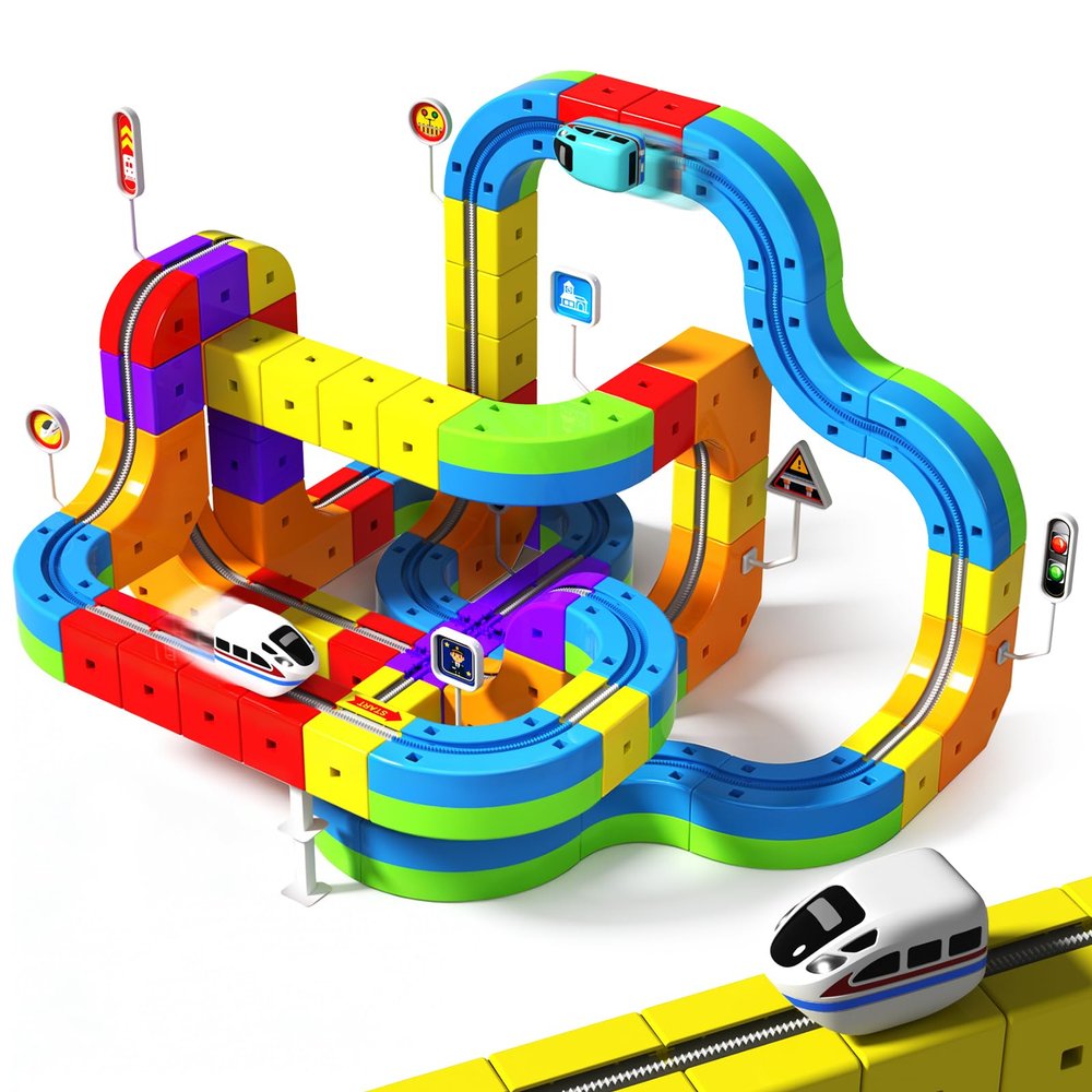 Goody King Electric Train Set for Kids, 3D DIY Track Building Kits with Train and Traffic Signs, STEM Car Toy Set for Kids, 3+ Years Old Boys & Girls Birthday