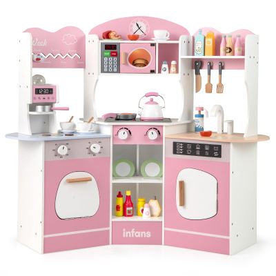 INFANS Corner Kids Kitchen Playset, Toddler Wooden Pretend Cooking Set with Lights Sounds Coffee Machine Washing Dishwasher, Stove Removable Sink Storage, Simulation Play Kitchen Toy