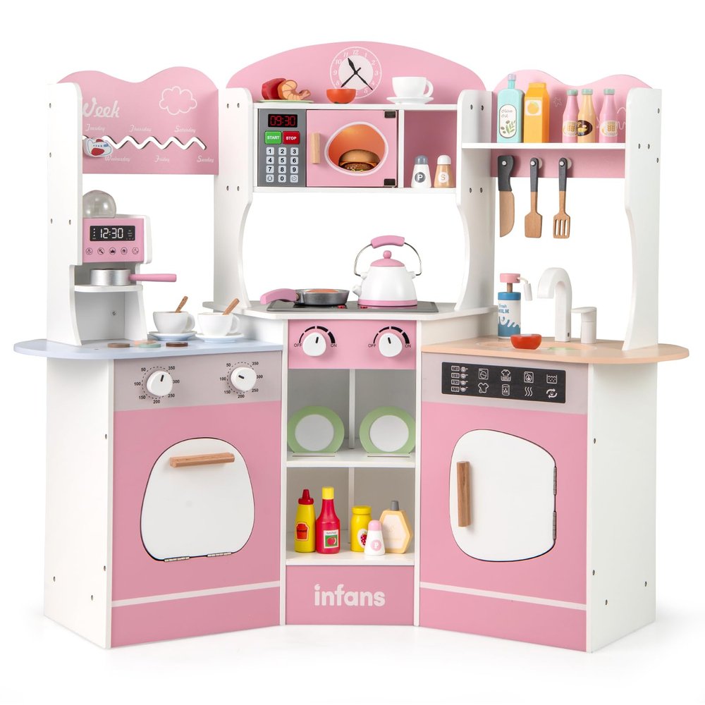 INFANS Corner Kids Kitchen Playset, Toddler Wooden Pretend Cooking Set with Lights Sounds Coffee Machine Washing Dishwasher, Stove Removable Sink Storage, Simulation Play Kitchen Toy