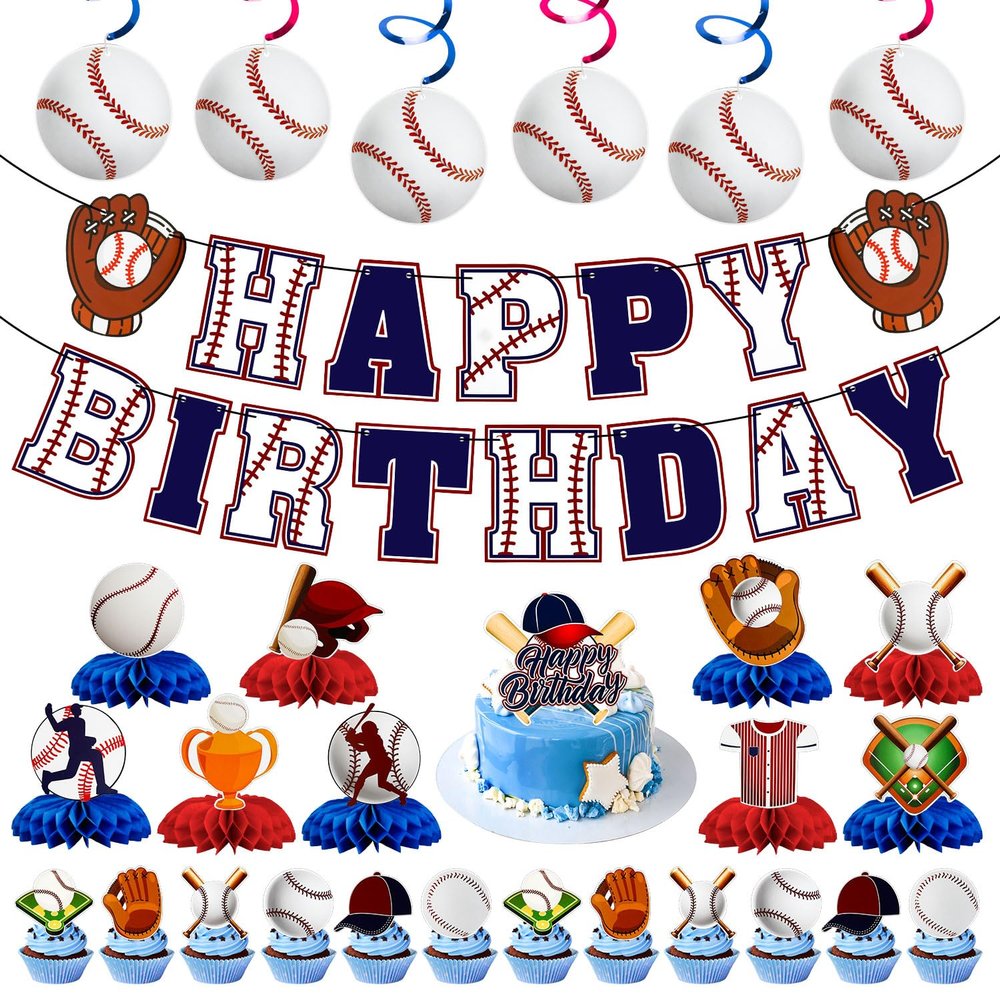 29pcs Baseball Birthday Party Decorations Includes Baseball Birthday Banner, Baseball Cake Topper, Baseball Hanging Swirls and Honeycomb Centerpiece for Baseball Party Supplies