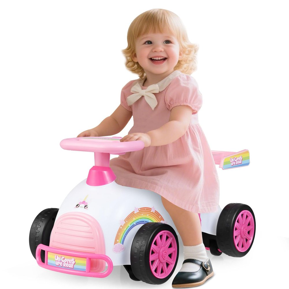 HONEY JOY Unicorn Ride On Push Car for Toddlers, Foot-to-Floor Sliding Car w/Steering Wheel, Sound & Under Seat Storage, No Batteries, Kids Ride On Toys for Boys and Girls, Pink