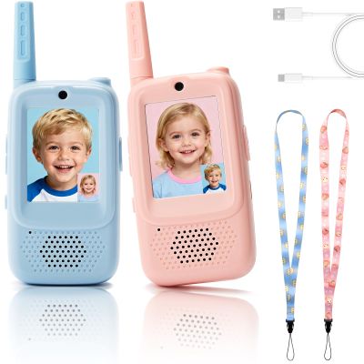 2-Pack Kids Walkie Talkies with Video Calling, No Wi-Fi Needed for 2-Way Video Chat, Rechargeable Handheld Video Intercom for Indoor Outdoor Play, Camping, Gift for Boys Girls Ages 3-12 (Blue/Pink)