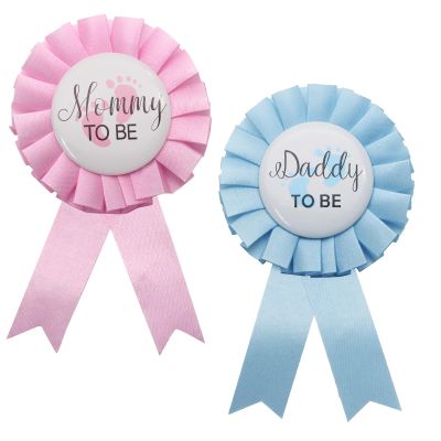 Qjaiune 2 Pieces Daddy and Mommy to Be Pin, Celebration Gender Reveal Party Decorations Baby Shower Tinplate Badge Pins, Pink + Blue Rosette Buttons with Ribbon, Gender Reveal Gift Favors Supplies