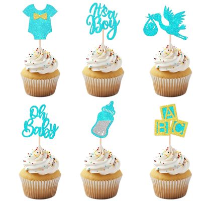 12 Pcs Oh Baby Cupcake Toppers Blue Glitter It's a Boy Cupcake Decorations Bottle Bow Dress Cupcake Decor for Kids Boys Birthday Party Supplies