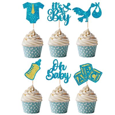 12 Pcs Oh Baby Cupcake Toppers Blue Glitter It's a Boy Cupcake Decorations Swan Tie Bottle Cupcake Decor for Gender Reveal Baby Shower Boys Birthday Party Supplies