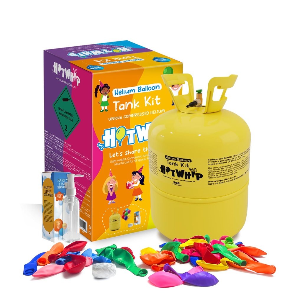 Hotwhip Helium Tank 13L Up To 50 Latex Balloons Helium Gas with Filling Valve, Balloon Protection Fluid, 50 Latex Balloons and Ribbons Included for Birthday, Wedding&Party