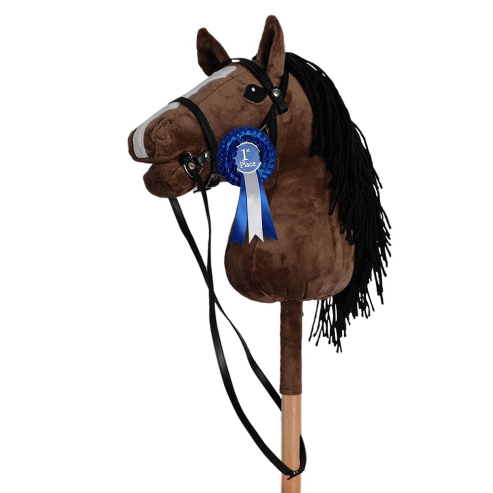 ROCK MY BABY Hobby Horse for Kids 3+ Years, Plush Stuffed Stick Horse with Detachable Bridle and Award Ribbon, Handmade Ride-On Pretend Play Horse Toy, (Dark Brown)