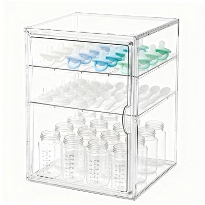 Baby Bottle Organizer, 3 Tiers Acrylic Bottle Storage Organizer Container, Clear Plastic Bottle Station Organizer with 2 Adjustable Dividers for Kitchen Countertop, Bathroom, Cabinet, Vanity