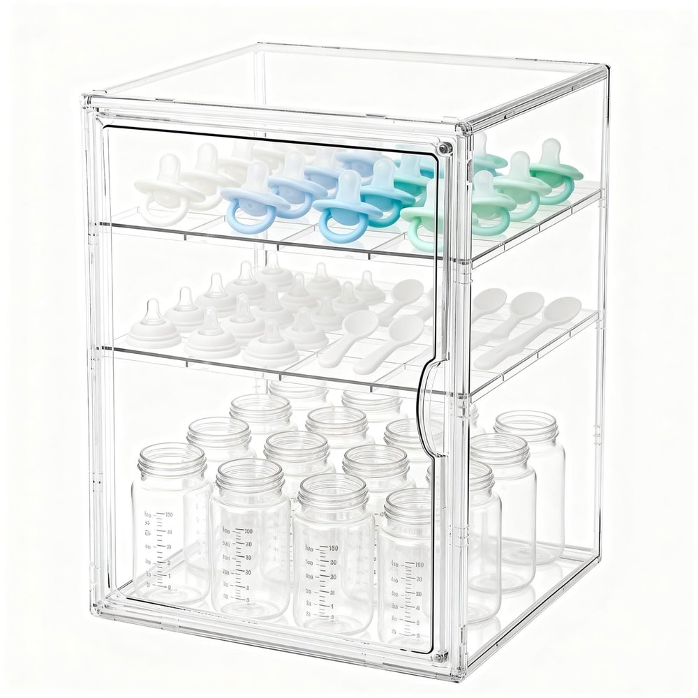 Baby Bottle Organizer, 3 Tiers Acrylic Bottle Storage Organizer Container, Clear Plastic Bottle Station Organizer with 2 Adjustable Dividers for Kitchen Countertop, Bathroom, Cabinet, Vanity