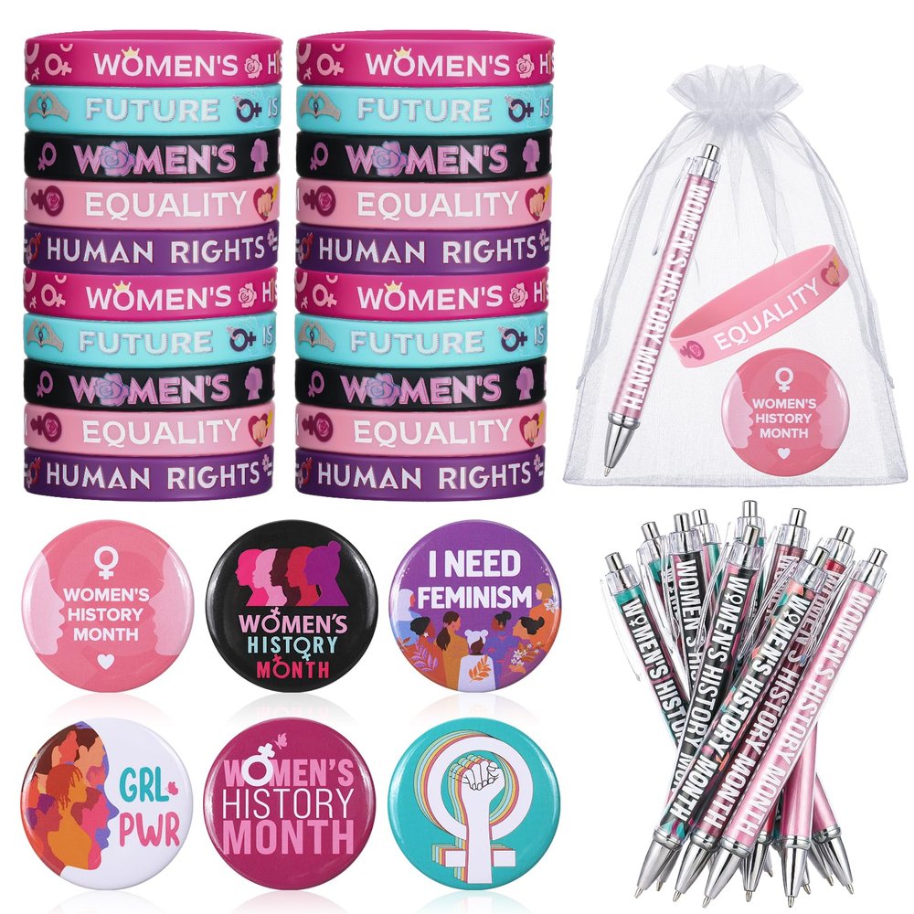 Cunno 200 Pcs Women's History Month Accessories Set Include Women Empowerment Feminist Silicone Bracelet Pens Pins Gift Bags for Campaign Support Female Awareness Inspirational Party Decor supplies
