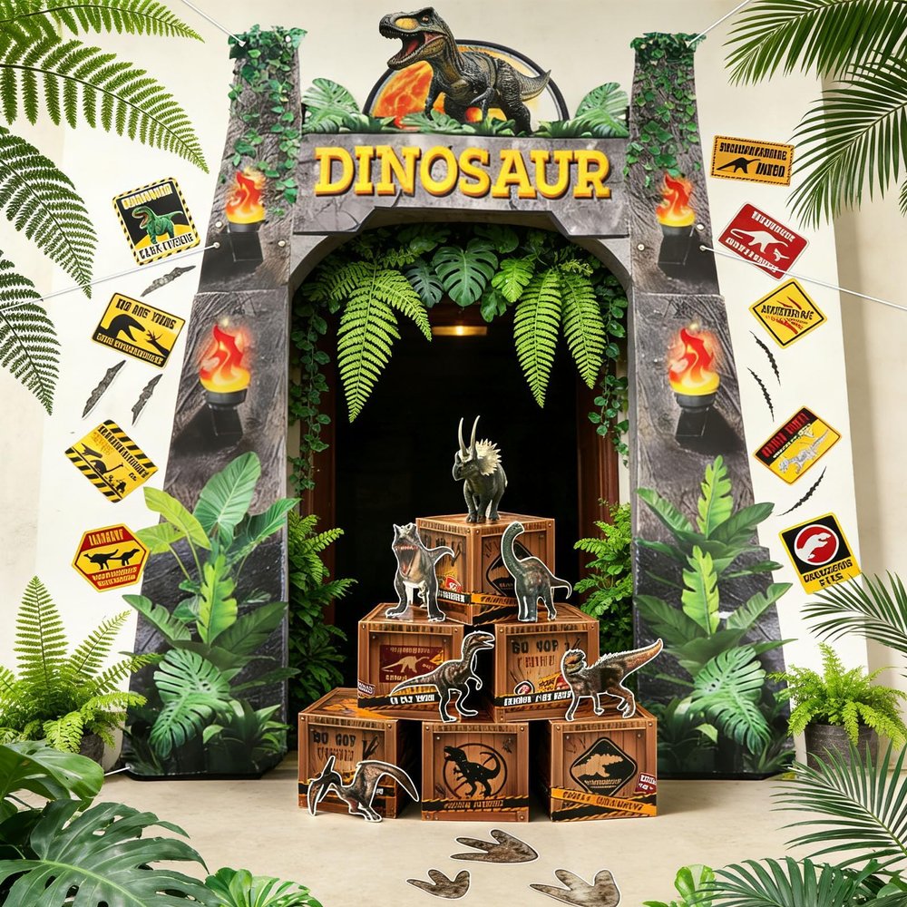 33Pcs Dinosaur Party Decorations Set Jungle Dino Door Banner 12 Inch Dinosaur Theme Boxes Dino Paper Signs Cutouts Party Favor Boxes for Tropical Jungle Safari Birthday Baby Shower Photo Booth Props