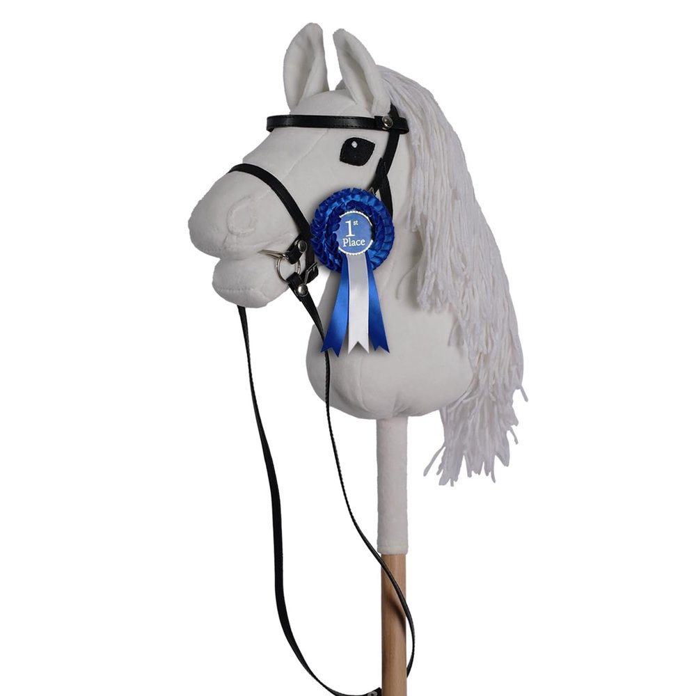 ROCK MY BABY Hobby Horse with a Detachable Bridle Plush Handmade Stick Horse with Removable Rosette Ribbon for Kids 3+ Years Old (White)