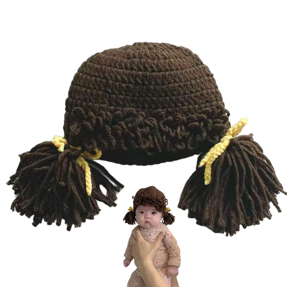 Blablablalu Baby Wig, Funny Baby Hat Winter Warm Crocheted Yarn Wig with Clown Pigtail for Girls Infant Costume Hat