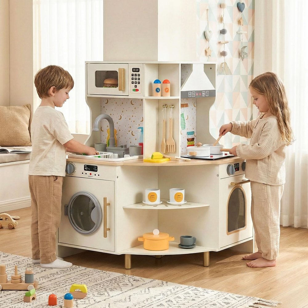 Costzon Corner Play Kitchen, Wooden Toy Cooking Set w/Real Sound & Light, Rotating Faucet, Microwave, Oven, Range Hood, Open Shelf, Pretend Kids Kitchen Playset for Boys, Girls Ages 3+