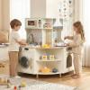 Costzon Corner Play Kitchen, Wooden Toy Cooking Set w/Real Sound & Light, Rotating Faucet, Microwave, Oven, Range Hood, Open Shelf, Pretend Kids Kitchen Playset for Boys, Girls Ages 3+ view 1