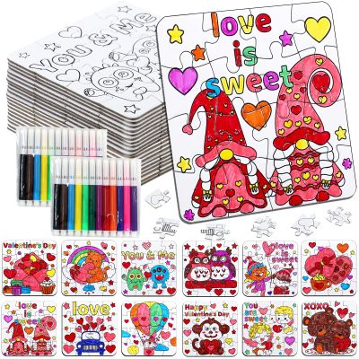 24Pcs Valentines Day Crafts Gifts Kits for Boys, Girls & Adults, Valentine's Arts and Crafts DIY Puzzle with Chocolate Cake Heart Owl, Jigsaw for Classroom Activities Party Favors Exchange Supplies
