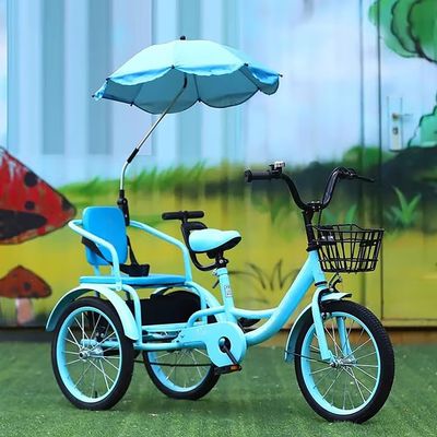 Blue,16 inches,Double Seater Kids Pedal Tricycle,with Armrest & Removable Umbrella and Rear Storage Bucket, Height-Adjustable Design, Sealed Bearings & Alloy Wheels for Toddlers