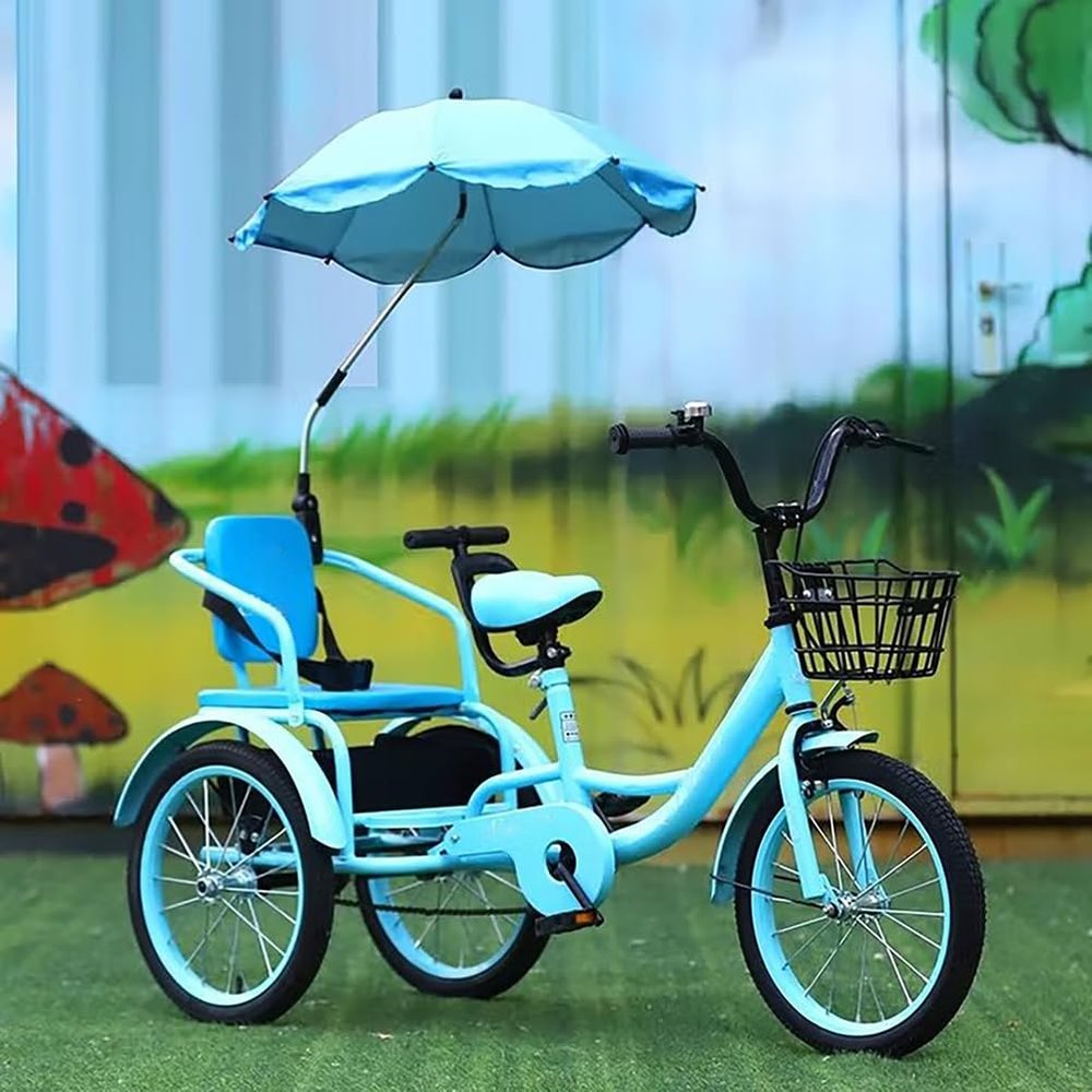 Blue,16 inches,Double Seater Kids Pedal Tricycle,with Armrest & Removable Umbrella and Rear Storage Bucket, Height-Adjustable Design, Sealed Bearings & Alloy Wheels for Toddlers