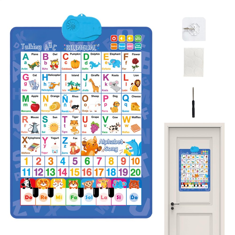 Educational Talking Toy Spanish English Wall Chart, Interactive Alphabet Numbers Toy, Piano Music Poster Numbers for Kids Boys Girls Age 1-6 Birthday Holiday Parties Christmas Easter Classroom