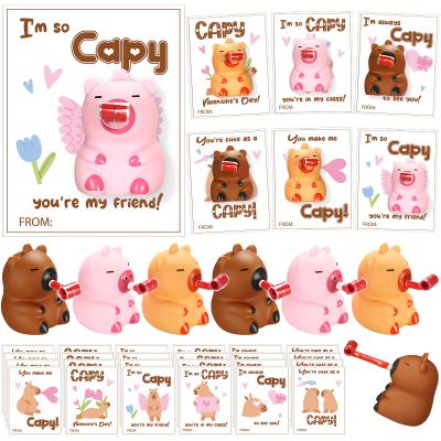24 Set Valentines Day Gift Bulk Capybara Stress Balls Fun Relief Fidget Squeeze Toys with Positive Cards Mini Animal Desk Decor Capybara Party Favors for Office Teacher Adults (Blowers)