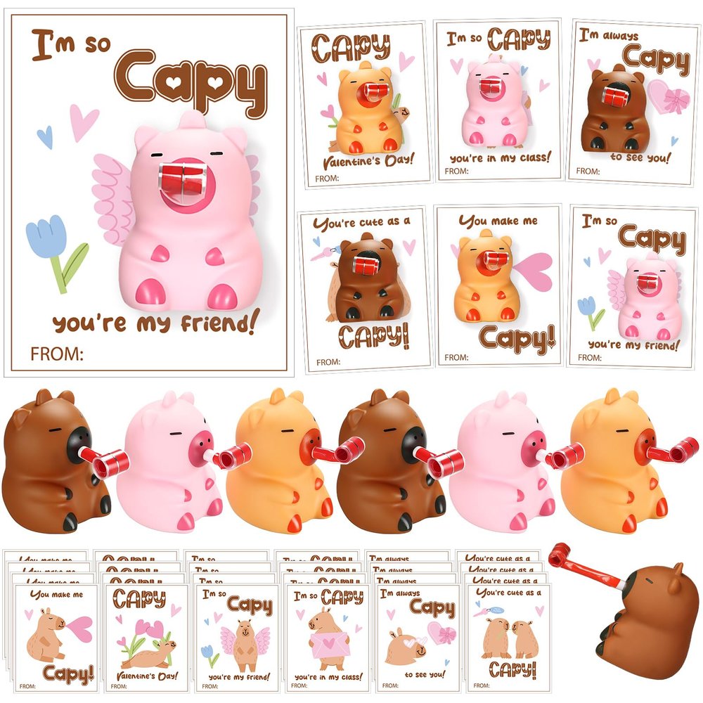 24 Set Valentines Day Gift Bulk Capybara Stress Balls Fun Relief Fidget Squeeze Toys with Positive Cards Mini Animal Desk Decor Capybara Party Favors for Office Teacher Adults (Blowers)