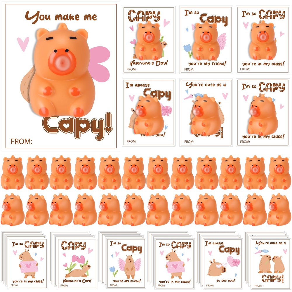 24 Set Valentines Day Gift Bulk Capybara Stress Balls Fun Relief Fidget Squeeze Toys with Positive Cards Mini Animal Desk Decor Capybara Party Favors for Office Teacher Adults(Spit Bubbles)