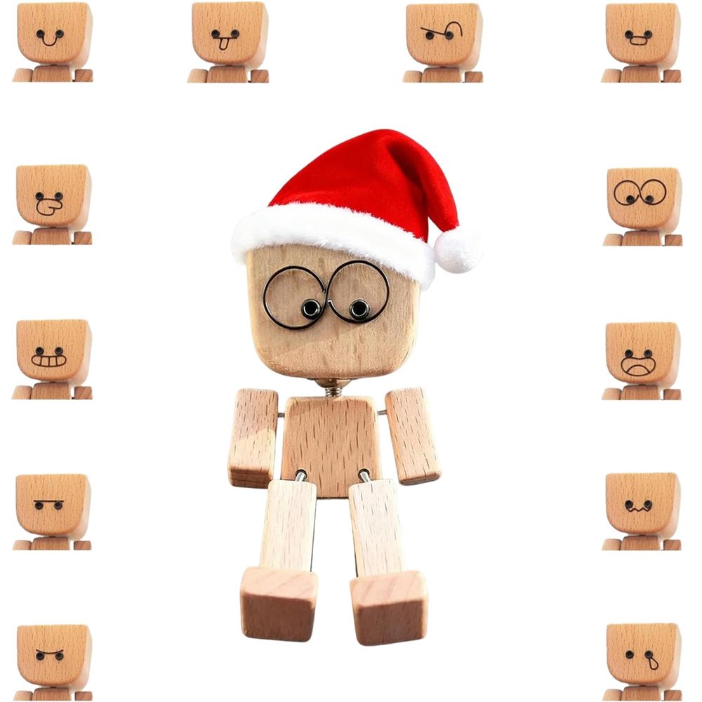 Christmas Shaking Feet Wooden Doll with 12 Magnetic Expressions  Handcrafted Figurine for Car Dashboard and Desktop Decor, Swaying Legs Add Fun and Stress Relief to Your Holidays (Style #1)