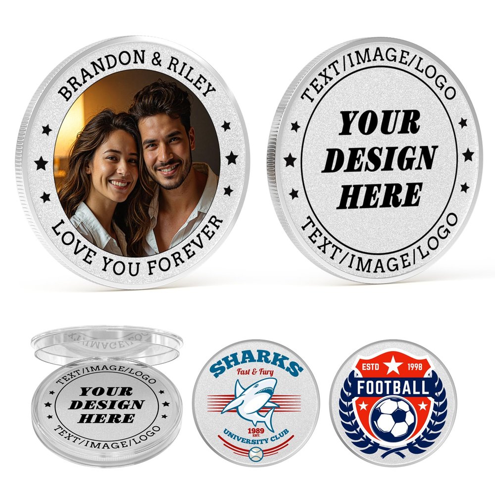 10 Custom Challenge Coins, Metal Commemorative Coin with Logo/Text/Picture, Memorial Gift for Company, Military, Wedding & Anniversary (Silver)